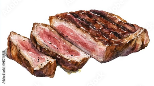 illustration of a sliced steak medium rare on white background