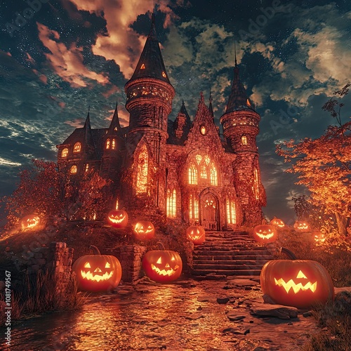 Halloween merayakan latar belakang dengan Pumpkin and horror Castle. Latar Belakang Horror Halloween.  photo