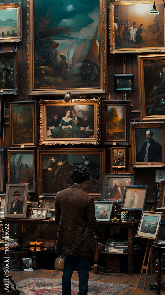 A person admires a collection of framed paintings in a vintage gallery. A person admires a collection of framed paintings in a vintage gallery.
