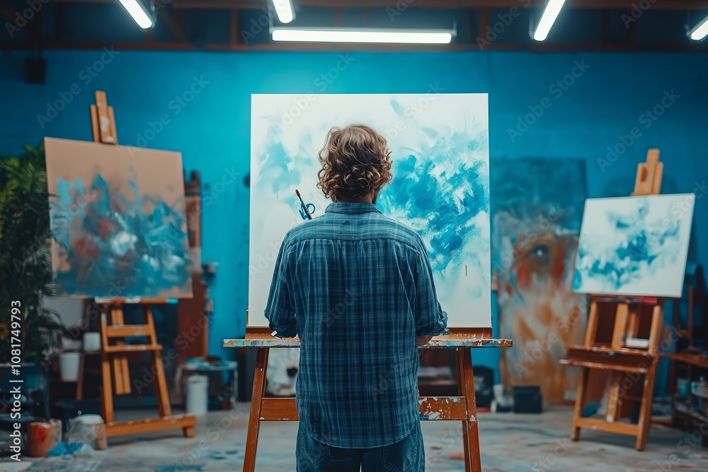 A contemporary artist works on a large abstract canvas with bold black and orange brushstrokes, capturing the creative process and expression in an art studio setting. A contemporary artist works on a large abstract canvas with bold black and orange brushstrokes, capturing the creative process and expression in an art studio setting.