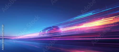 A car speeding through a neon light tunnel.