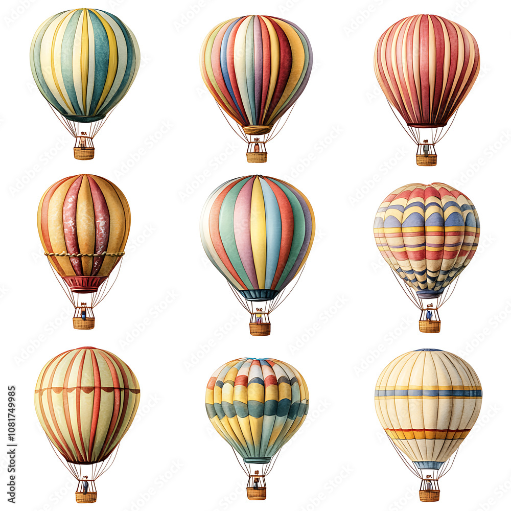 Obraz premium Colorful hot air balloons in various patterns floating in the sky creating a vibrant atmosphere of joy and adventure
