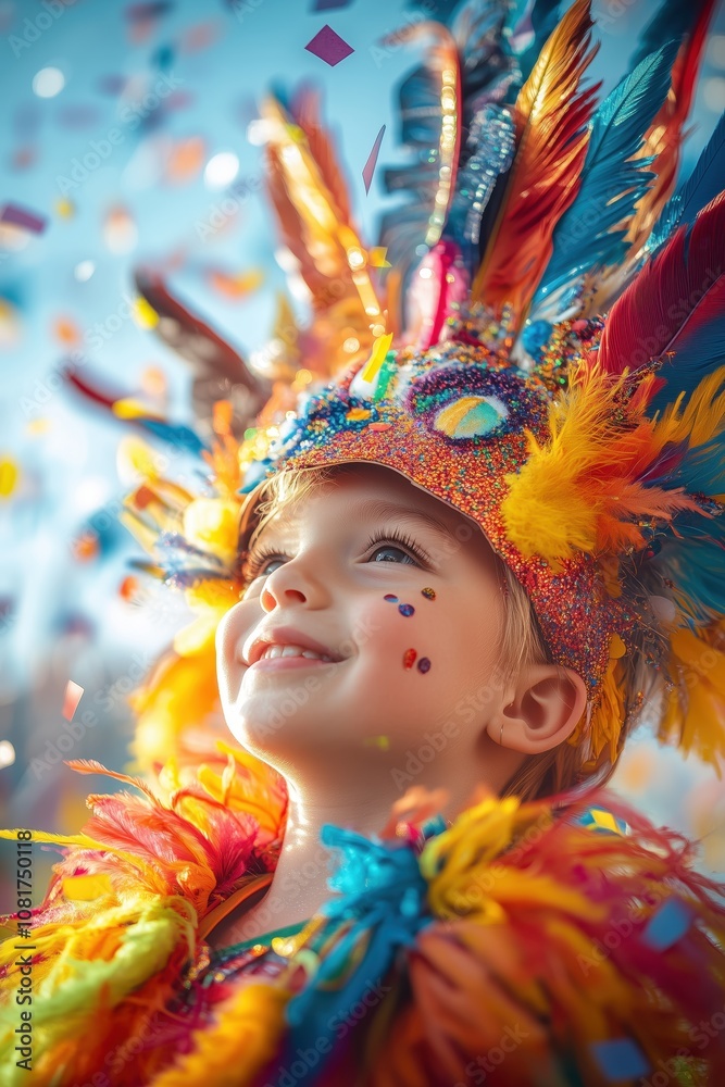 Niño sonriente en colorido traje de plumas en el desfile festivo de carnaval