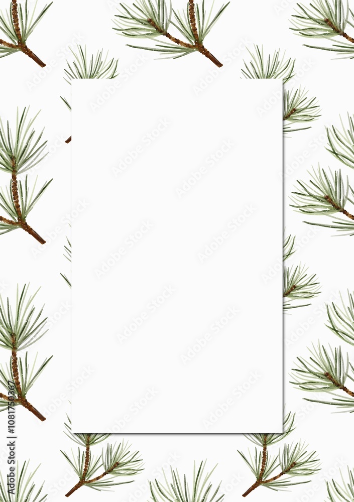 Naklejka premium Simple white card with a festive pine needle border designed for holiday greetings and stationery