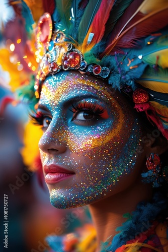 Retrato de mujer con pintura facial colorida y plumas en celebración de carnaval photo