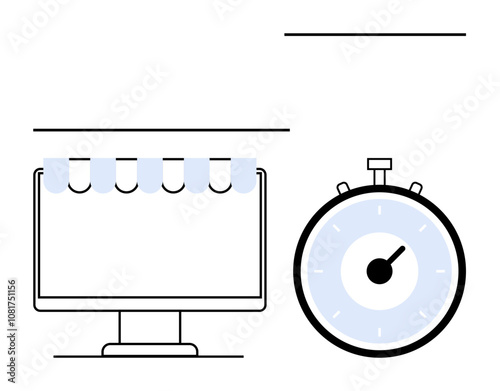 Computer monitor with striped storefront awning and large stopwatch. Ideal for e-commerce, efficiency, time-saving, business, online shopping, productivity, and scheduling. Line metaphor