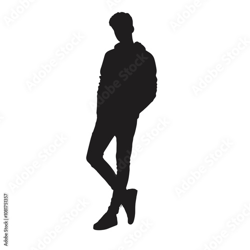Silhouette of a young man standing against a wall with a casual look without a background