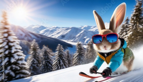 Playful skiing rabbit with orange sunglasses and purple mittens on snowy mountain under bright blue sky.