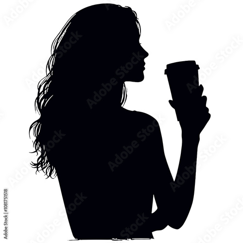 Young woman silhouette holding a coffee cup with a thoughtful mood without background