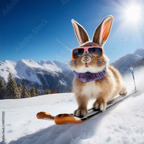 Cute skiing rabbit wearing sunglasses and mittens, enjoying a winter day on a snowy mountain.