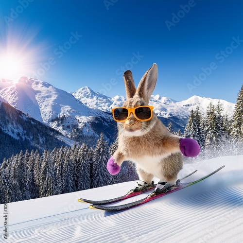 Fun-loving rabbit skiing with cool sunglasses and colorful mittens in a scenic snowy mountain setting.