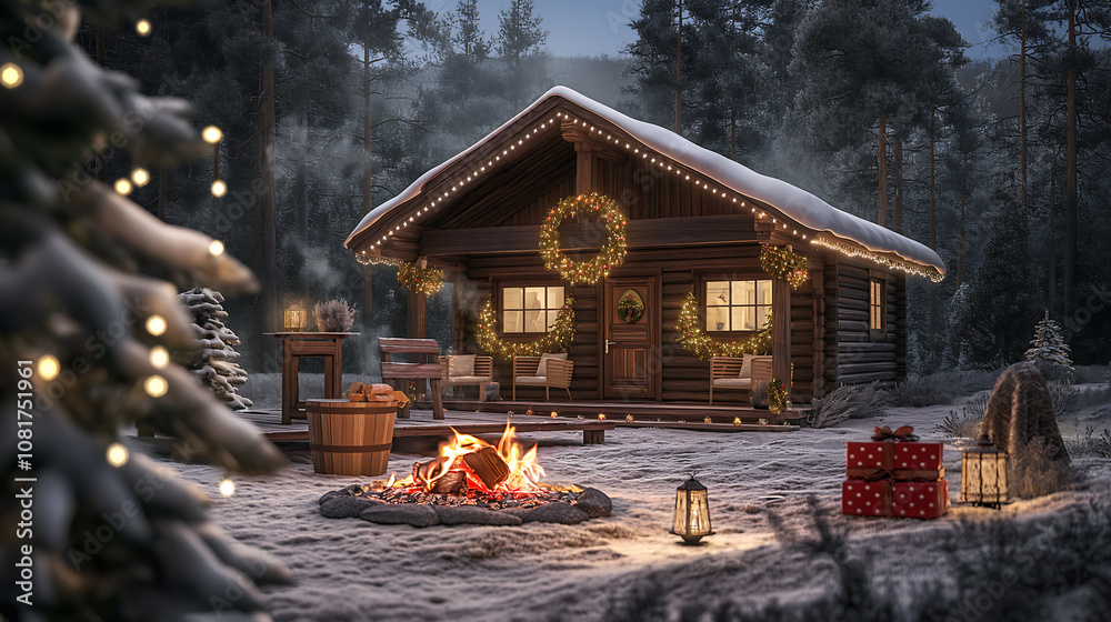Obraz premium 3D Decorated house with fireplace and christmas tree, Christmas celebration background illustration.