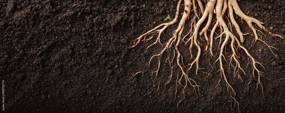 Roots emerging from dark soil, highlighting the connection between plants and the earth. Roots emerging from dark soil, highlighting the connection between plants and the earth.
