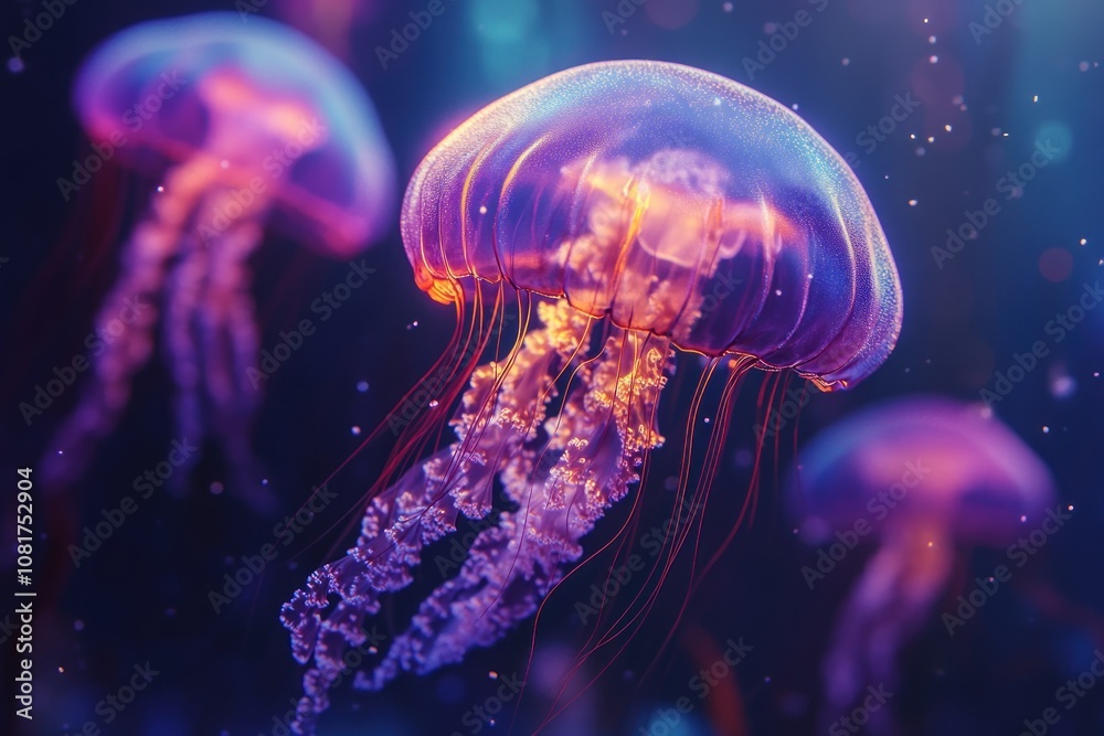 Three bioluminescent jellyfish with glowing tentacles drift in the dark ocean. Three bioluminescent jellyfish with glowing tentacles drift in the dark ocean.