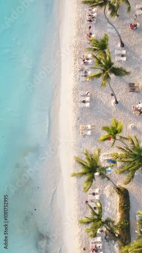 Vertical aerial view of movement along the beach with white sand, palm trees and turquoise water. People are relaxing on the sea. Shadow under straw sun umbrellas.