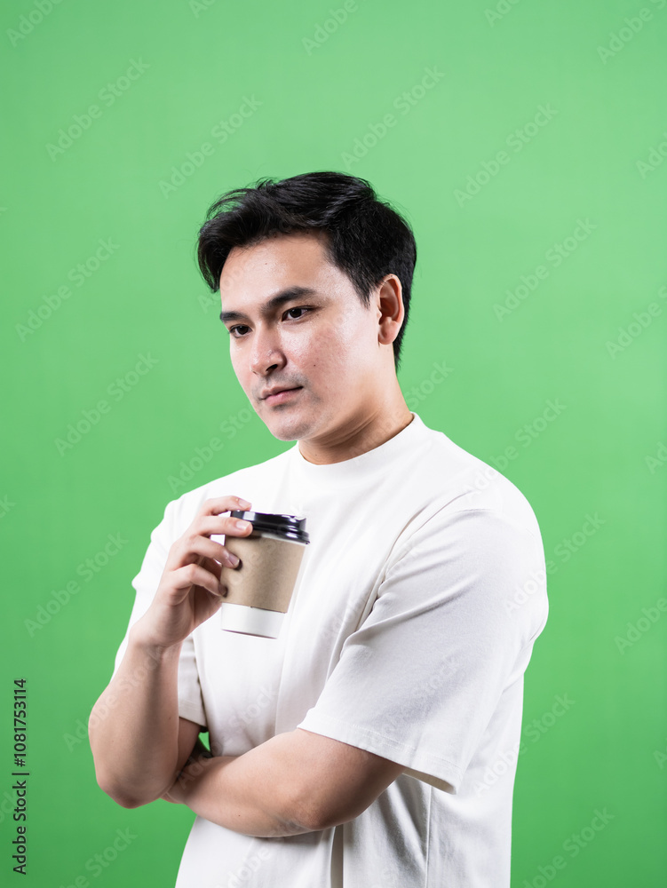 Thoughtful young man holding coffee cup green background portrait studio setting contemplation concept Thoughtful young man holding coffee cup green background portrait studio setting contemplation concept