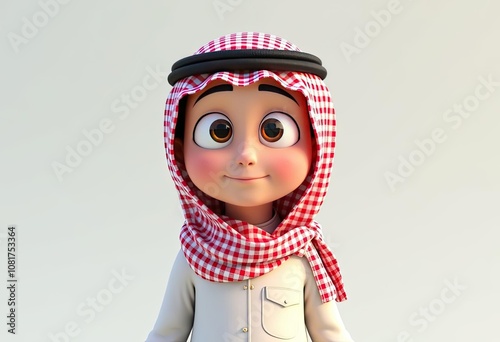 A cartoon boy wearing a traditional Arab headdress with a friendly expression. photo