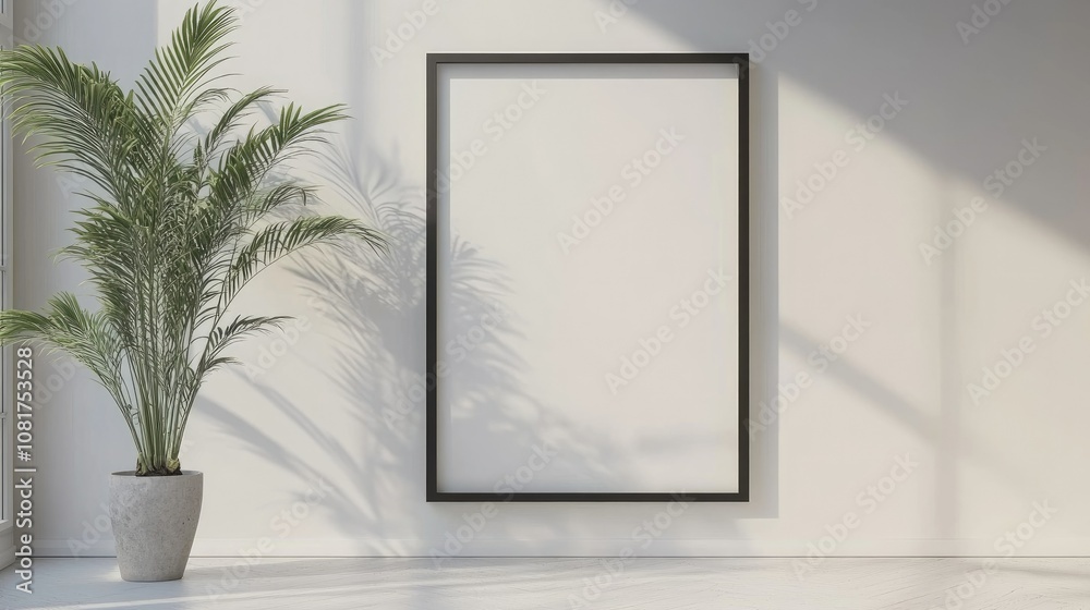 Minimalist living room with a blank wall frame and a single plant Minimalist living room with a blank wall frame and a single plant