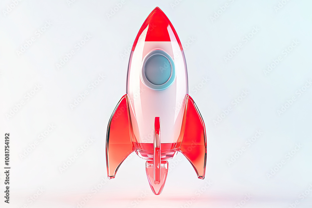 A red and white rocket 3d style icon is shown in a clear plastic A red and white rocket 3d style icon is shown in a clear plastic