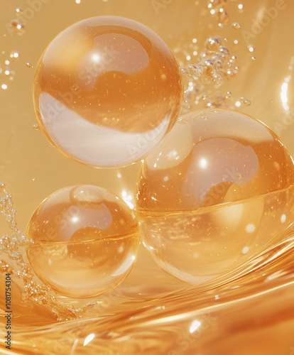 Surreal Still Life of Collagen Derm Product – White & Gold Glow for Radiant Complexion with Luminous Spheres and Three-Dimensional Illusion photo