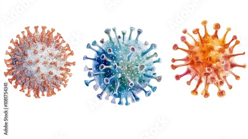  Watercolor of different viruses on white background