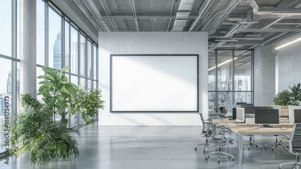 Large blank frame in a minimalist office with sleek furniture