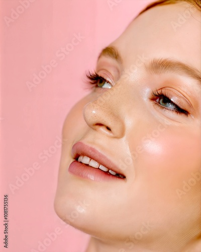 Soft Beauty Portrait with Natural Makeup Against Pink Background