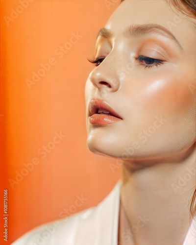 Elegant Beauty Portrait Against Warm Orange Background with Upward Gaze