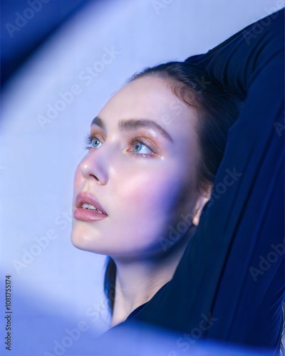 Dramatic Fashion Portrait with Bold Lighting Against Deep Blue Background