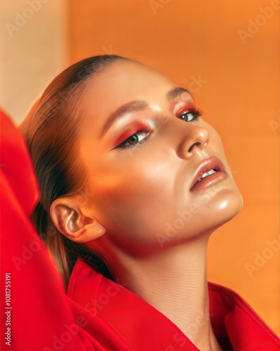 Bold Fashion Portrait Against Deep Red Background with Strong Profile