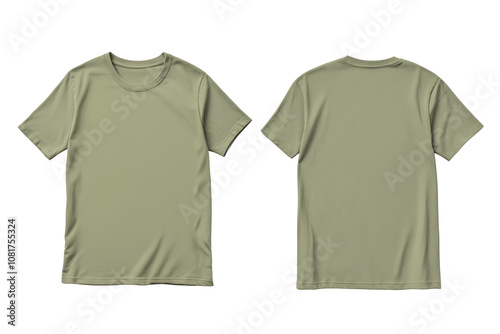Two sage plain t-shirts for a mockup, shown from the front and back with a transparent background
