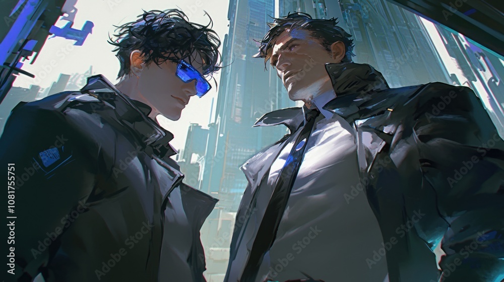 Two men in black trench coats and sunglasses, one with a tie, stand in front of a futuristic cityscape. Two men in black trench coats and sunglasses, one with a tie, stand in front of a futuristic cityscape.