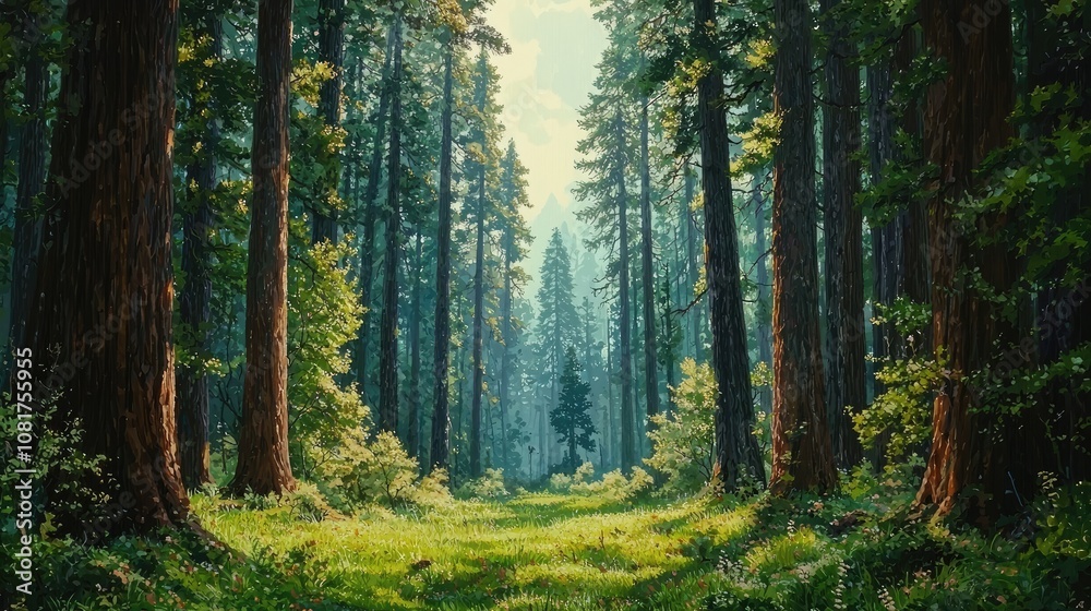 Sunbeams illuminate a path through a dense forest. Sunbeams illuminate a path through a dense forest.