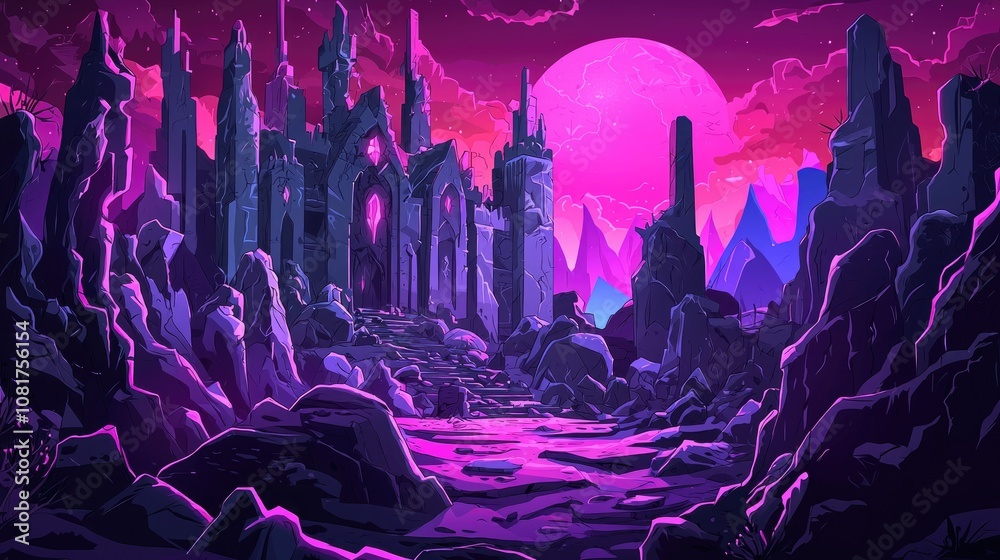 Ruined Stone Citadel Under a Giant Pink Moon Ruined Stone Citadel Under a Giant Pink Moon