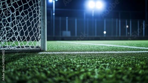 A hockey field's penalty area with the artificial turf and goal net, outdoor setting under floodlights, Precise style
