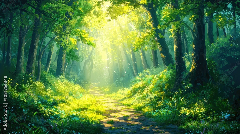 Naklejka premium Sunbeams illuminate a path through a lush, green forest.