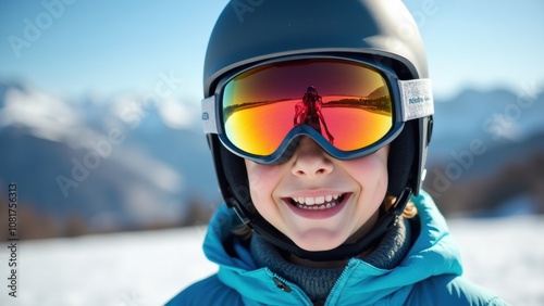 A young skier, wearing a helmet and colorful goggles, beams with joy against a stunning mountain backdrop on a bright, sunny day in winter