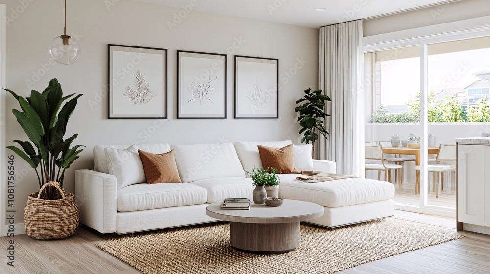 Naklejka premium A stylish modern living room with a white sofa, three simple wall pictures above it, and a clean, empty coffee table in front, elegant and uncluttered