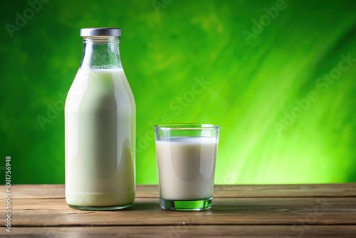 Close-up of milk bottle and filled glass with green background photo