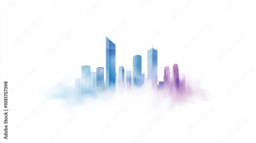 Fototapeta premium modern city skyline with tall buildings in blue and purple hues, emerging from soft mist, creating serene and artistic atmosphere