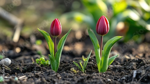 Sprouting tulip bulbs in early spring garden #1081757365