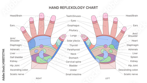 Hand Reflexology Chart for Holistic Health and Wellness. A detailed hand reflexology chart illustrating various reflex zones on the left and right palms