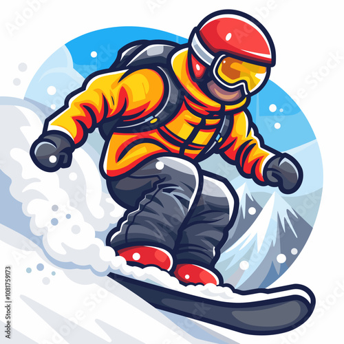 Man in a yellow jacket is snowboarding down a hill. The image has a fun and adventurous mood, as the man is enjoying his time on the snowboard