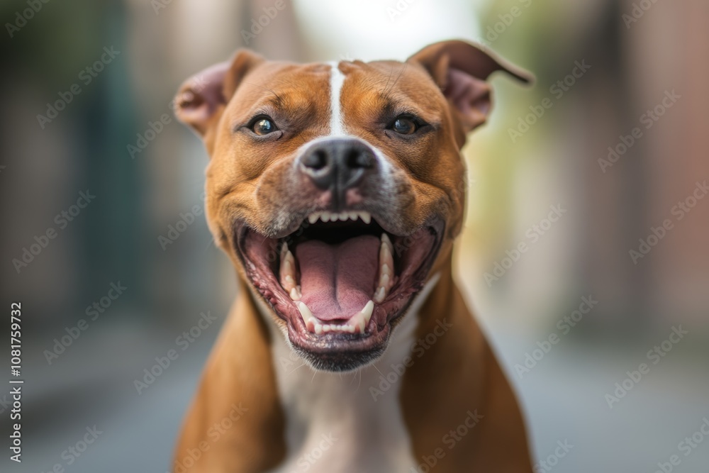Happy dog shows anger expression while standing on a city street during daylight Happy dog shows anger expression while standing on a city street during daylight