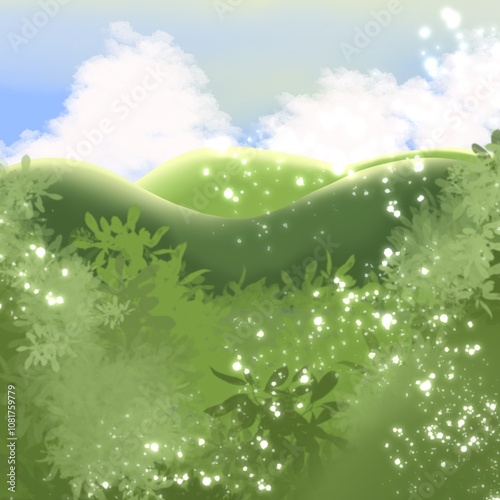 Digital painting on a green hill with sunlight