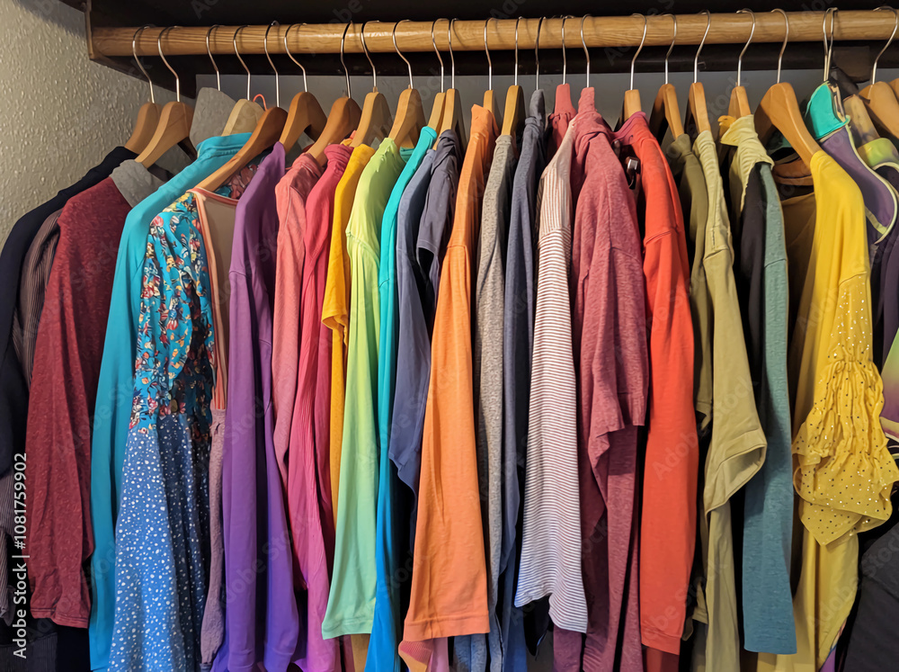 A closet full of colorful shirts and dresses A closet full of colorful shirts and dresses