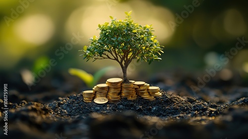 Home with stack gold coin and the tree with growing interest put on the top in the public park, Saving for buy house or loan for business investment with construction the real estate concept