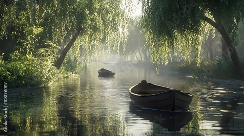 One of the navigable canals of the picturesque marshlands of the Regional Natural Park of the Marais Poitevin, with rowboats and weeping willows on the water 