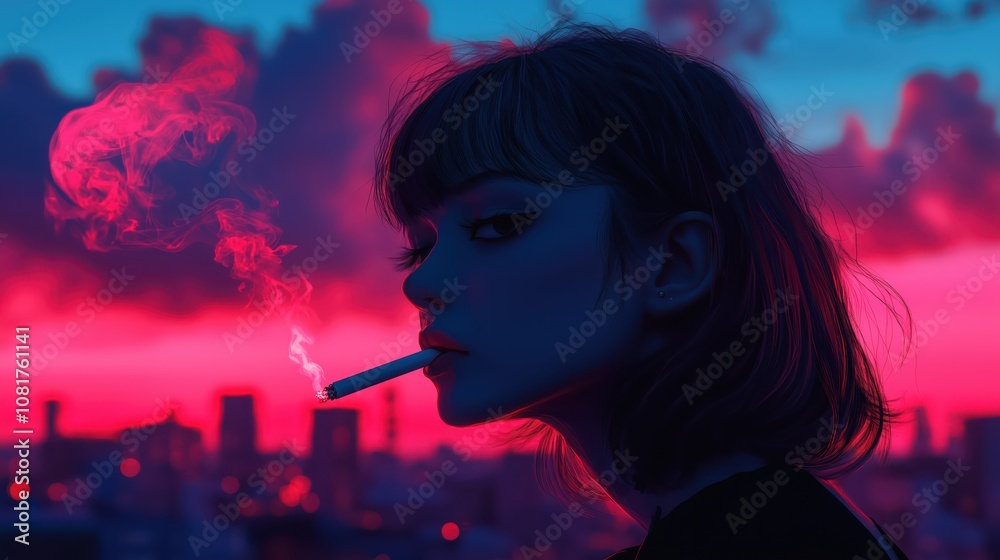 Obraz premium Vaporwave Girl smoking - Tokyo Neon Lights 
