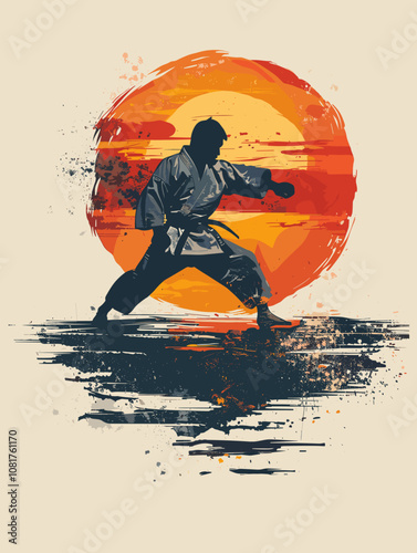 Man in a karate uniform is standing in front of a red sun. The man is pointing to the sun, and the image has a sense of motion and energy
